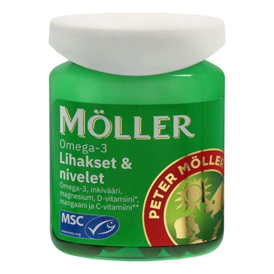 Eine grüne Dose Möller Omega-3 Muscles & Joints von Möller mit weißem Deckel, finnischem Text, MSC-Zertifizierung und einem goldenen Emblem mit Sonnen- und Fischabbildungen auf dem Etikett.
