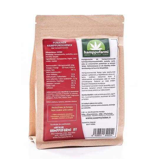 Eine braune Papiertüte mit der Aufschrift Nordic Hempfarm Red Hemp Mix zeigt auf der linken Seite rote und weiße Produktinformationen, die finnische Beeren und den Verzicht auf Zuckerzusatz hervorheben, sowie auf der rechten Seite ein grünes Nordic Hempfarm-Logo und Details zu Hanfgrütze.