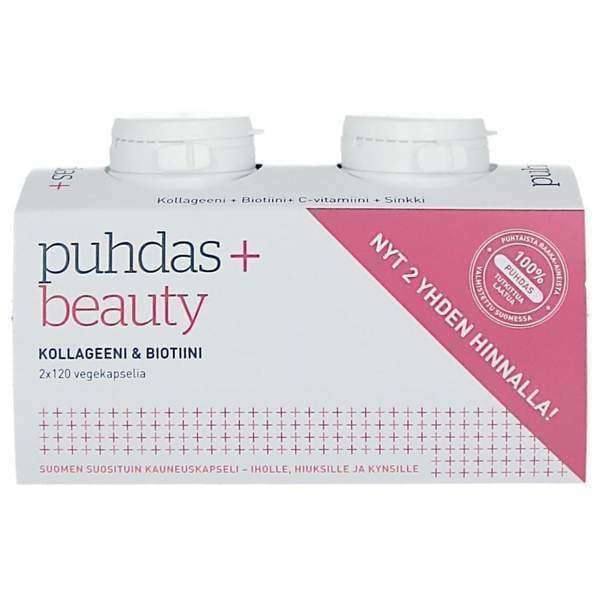 Eine weiße Schachtel mit Puhdas+ Beauty Collagen & Biotin-Kapseln von Puhdas+, beschriftet in Finnisch, mit zwei Flaschenverschlüssen und rosa Akzenten, die die Vorteile der Kollagenergänzung hervorheben, sowie eine Zwei-Flaschen-Promotion.