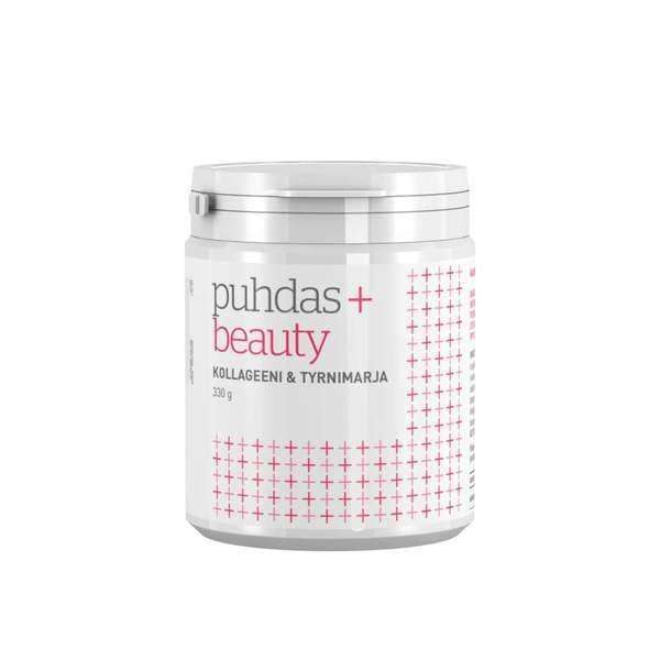 Ein weißer Behälter mit weißem Deckel, beschriftet mit Puhdas+ Beauty Collagen & Sanddorn von Puhdas+. Das minimalistische Design zeigt rosa Pluszeichen und hebt Sanddorn hervor, um die Schönheit mit natürlichen Nahrungsergänzungsmitteln zu unterstützen.