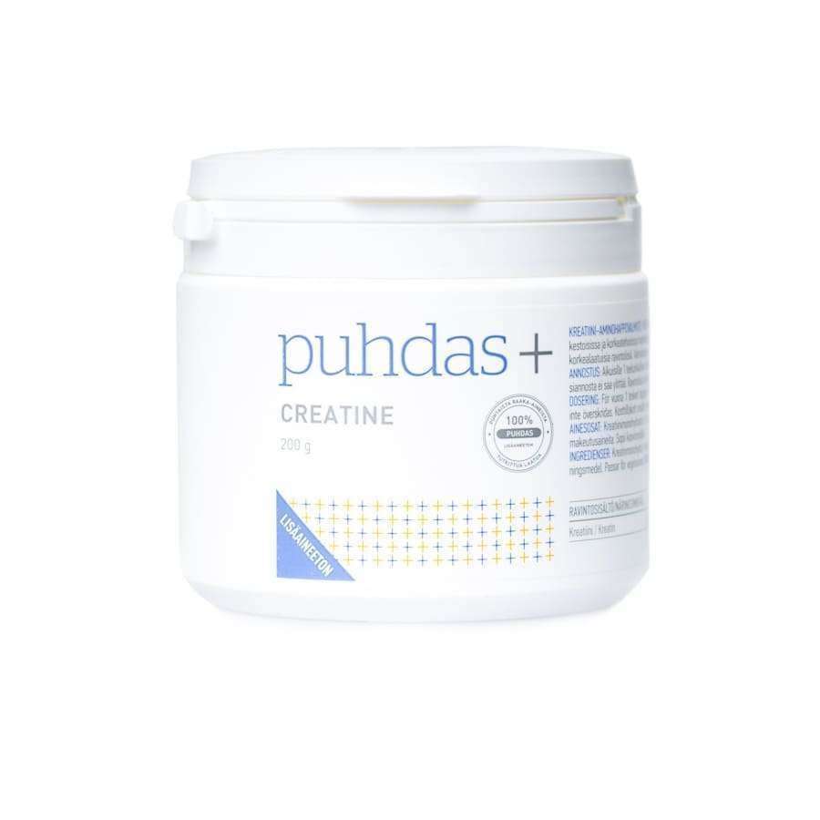 Ein weißer Kunststoffbehälter mit 200 g Puhdas+ Creatine, ein Nahrungsergänzungsmittel von Puhdas+ mit blau-goldenem Etikett und weißem Schraubdeckel. Der in Finnland hergestellte Behälter enthält Produktinformationen, ein Reinheitssiegel und unterstützt die sportliche Leistung.