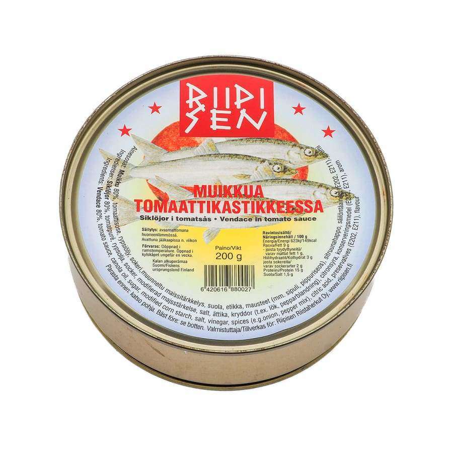 Riipisen Maräne in Tomatensoße wird in einer runden 200-g-Dose geliefert, auf deren Etikett zwei Fische mit rotem finnischem Text abgebildet sind. Dieses Riipisen-Produkt eignet sich perfekt für Tapas und enthält leckere finnische Maränen in Tomatensoße.