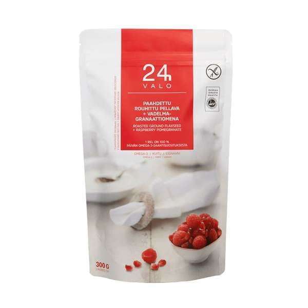 Ein weißer, wiederverschließbarer Beutel mit der Aufschrift Valo24h Roasted Ground Flaxseed + Raspberry Pomegranate, reich an pflanzlichem Eiweiß und Omega-3, gemischt mit granulierten Himbeeren und Granatapfel. Auf der Vorderseite sind Leinsamen und Früchte abgebildet; Nettogewicht 300 g.