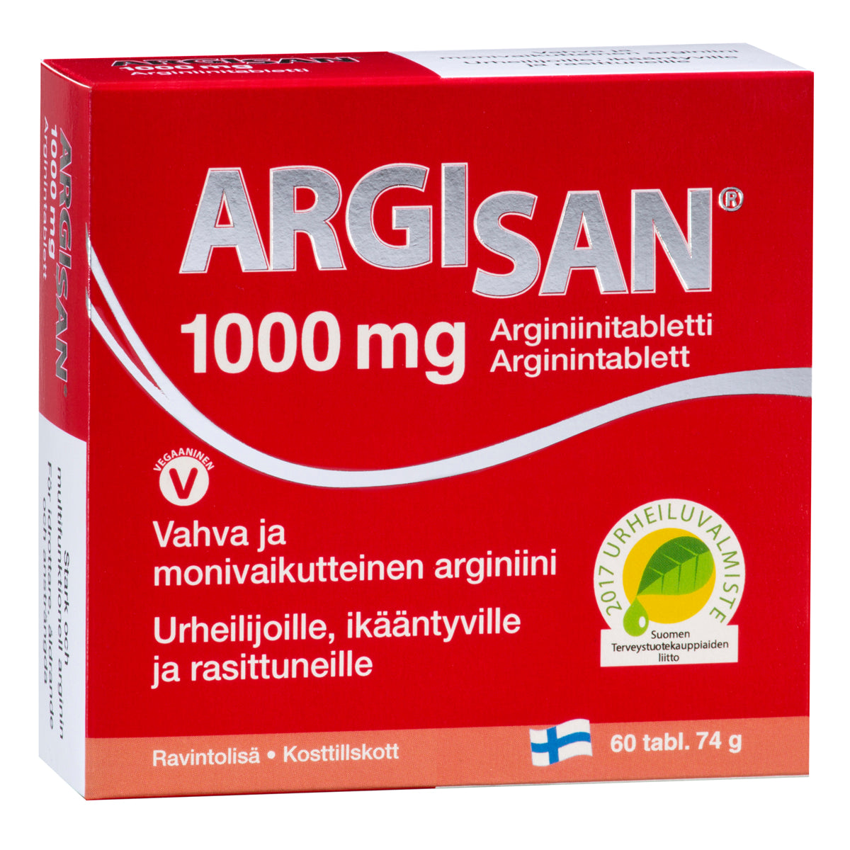 Une boîte rouge de comprimés Hankintatukku Argisan 1000 mg L-arginine, étiquetée en finnois et en suédois, contient 60 comprimés. Le complément alimentaire à base d'acides aminés arbore un drapeau finlandais et un logo vert « Sports » certifiant son efficacité en matière d'énergie et de vitalité.