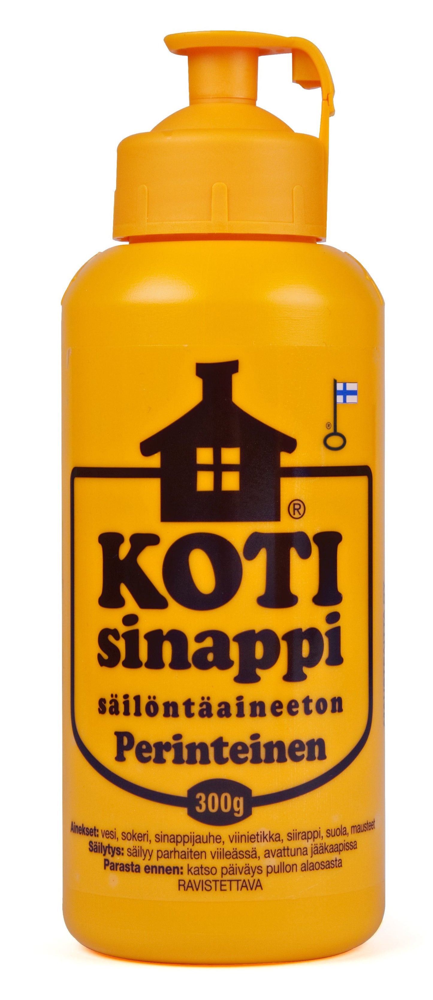 La bouteille jaune de moutarde traditionnelle KOTI Homestyle Mustard Traditional arbore un logo noir représentant une maison, un drapeau finlandais bleu et un texte en finnois. Son bouchon pointu scelle 300 g de moutarde traditionnelle sans conservateurs.