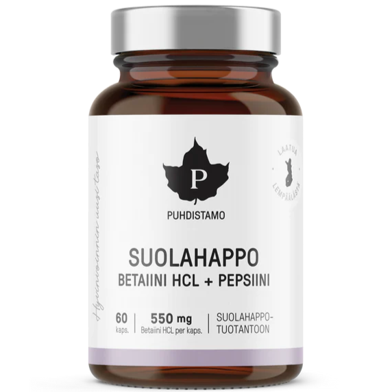 Une bouteille en verre brun étiquetée « Puhdistamo Betaine Hydrochloride » par Puhdistamo, avec un bouchon argenté, contient 60 gélules (550 mg chacune) pour faciliter la digestion et est présentée sur un fond blanc immaculé.