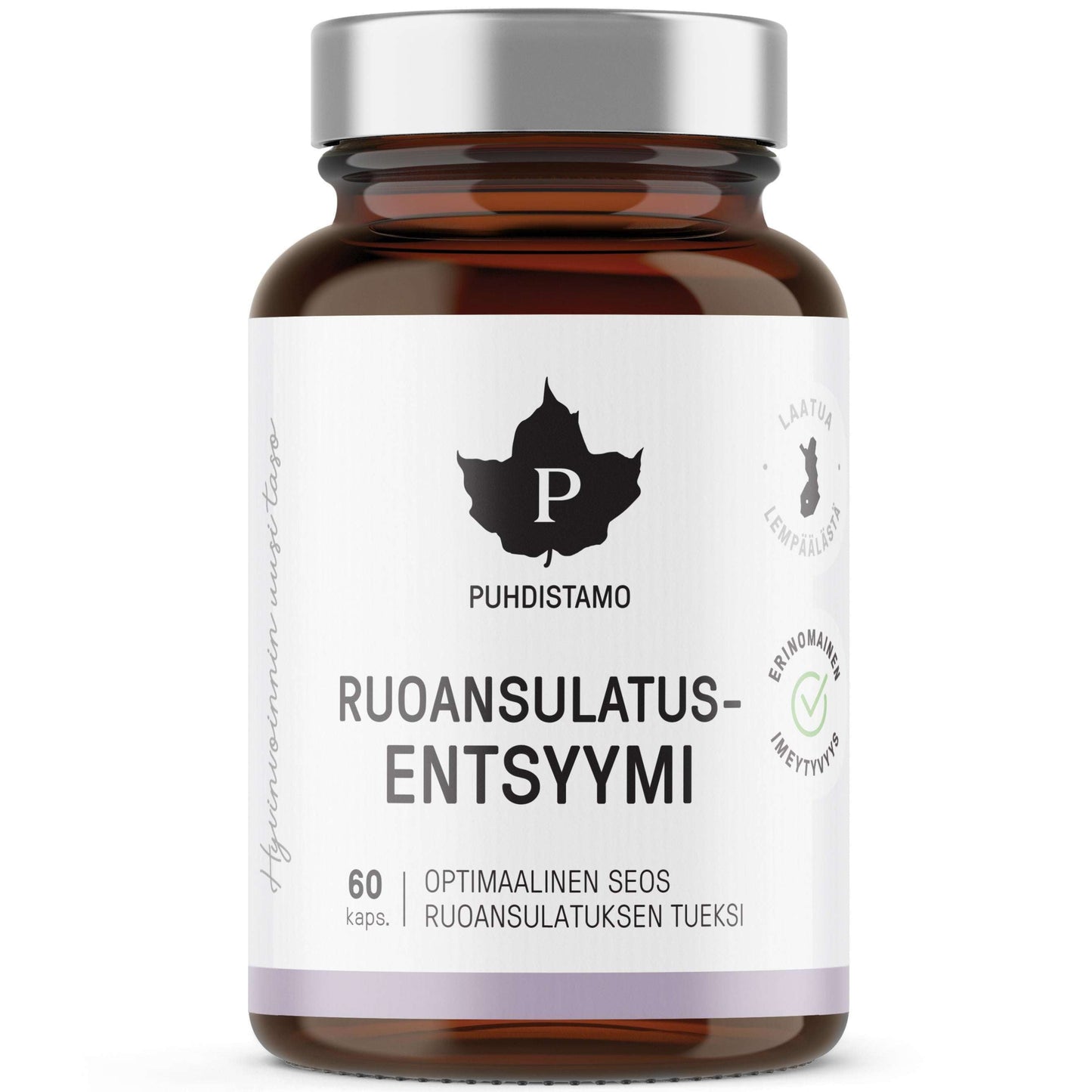 Puhdistamo Digestive Enzymes est un complément alimentaire végétalien présenté dans un flacon en verre brun contenant 60 gélules. L'étiquette blanche arbore le logo de la marque Puhdistamo, un texte en noir et un logo en forme de feuille en haut, symbolisant une digestion saine.