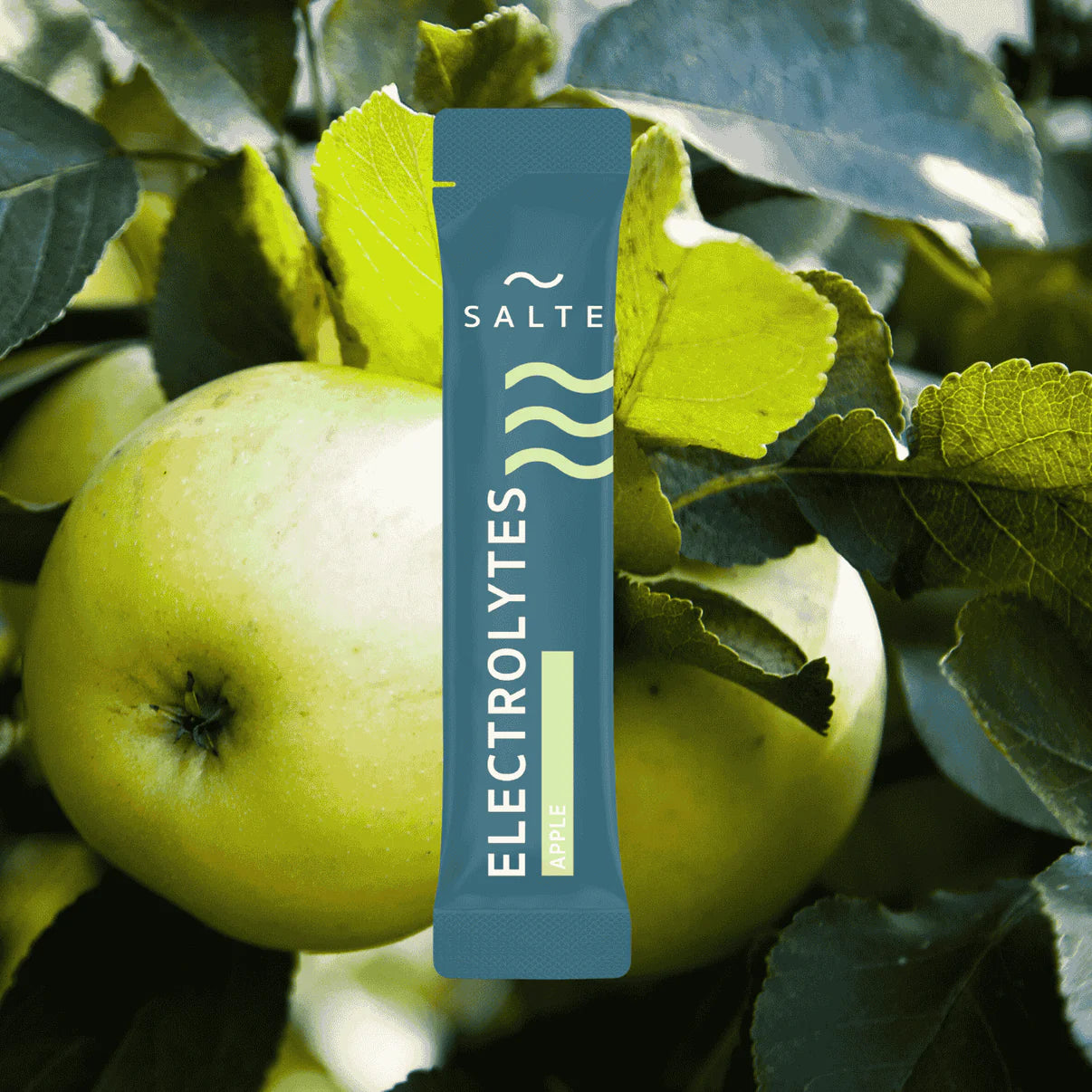 SALTE Electrolytes Apple de SALTE, une poudre électrolytique cétogène au goût de pomme verte, est photographiée devant des pommes vertes fraîches et des feuilles d'arbre.