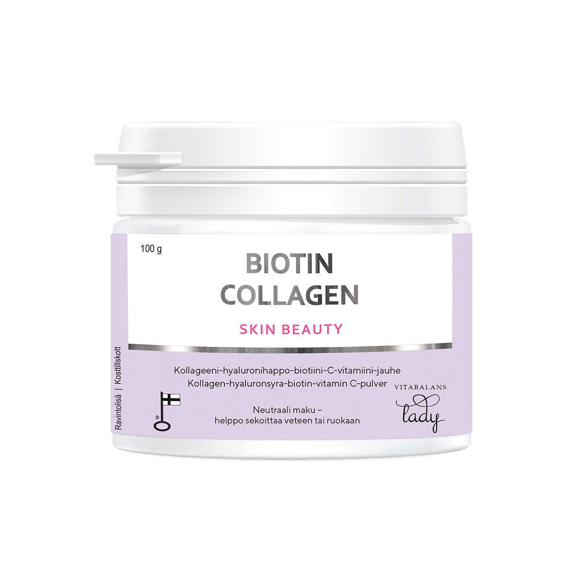 Un récipient en plastique blanc avec des accents violets portant la mention « Biotin Collagen Skin Beauty Powder » (Poudre de beauté pour la peau à base de biotine et de collagène) de Vitabalans, contenant des peptides de collagène pour raffermir la peau et lutter contre le vieillissement. La poudre est conçue pour être facilement mélangée à des aliments ou des boissons.