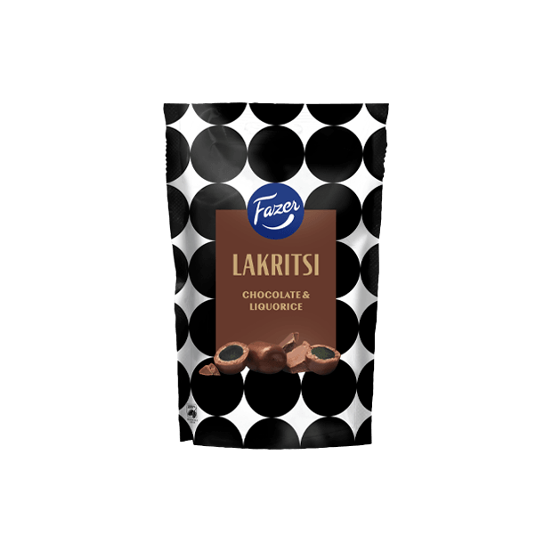 Un sachet de bonbons au chocolat et à la réglisse Fazer, avec un motif à pois noirs et blancs et des images de morceaux de réglisse enrobés de chocolat au lait sur le devant.