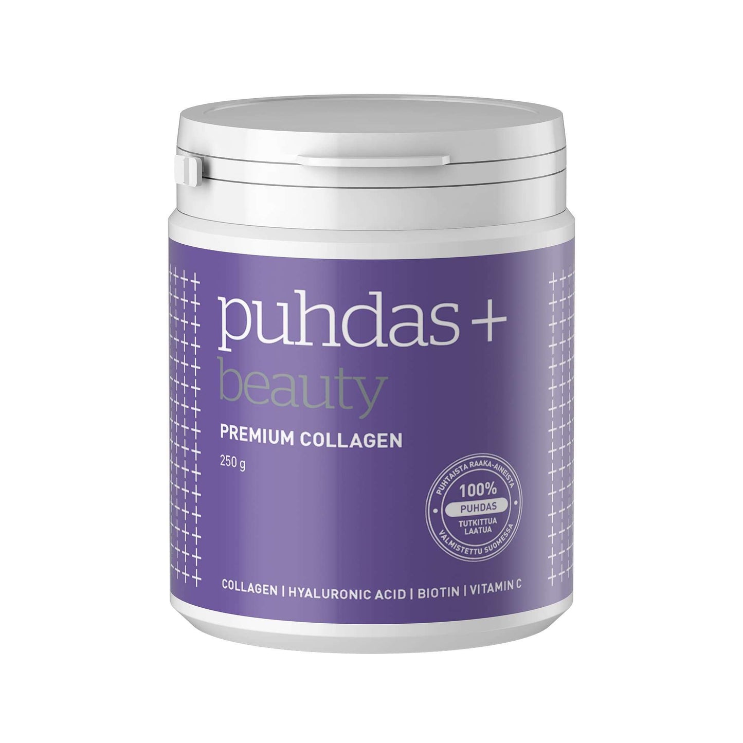 Un récipient en plastique blanc avec une étiquette violette indique « Puhdas+ Premium Collagen 250 g », mettant en avant les compléments alimentaires tels que le collagène de type 1, l'acide hyaluronique, la biotine et la vitamine C de la Puhdas+
