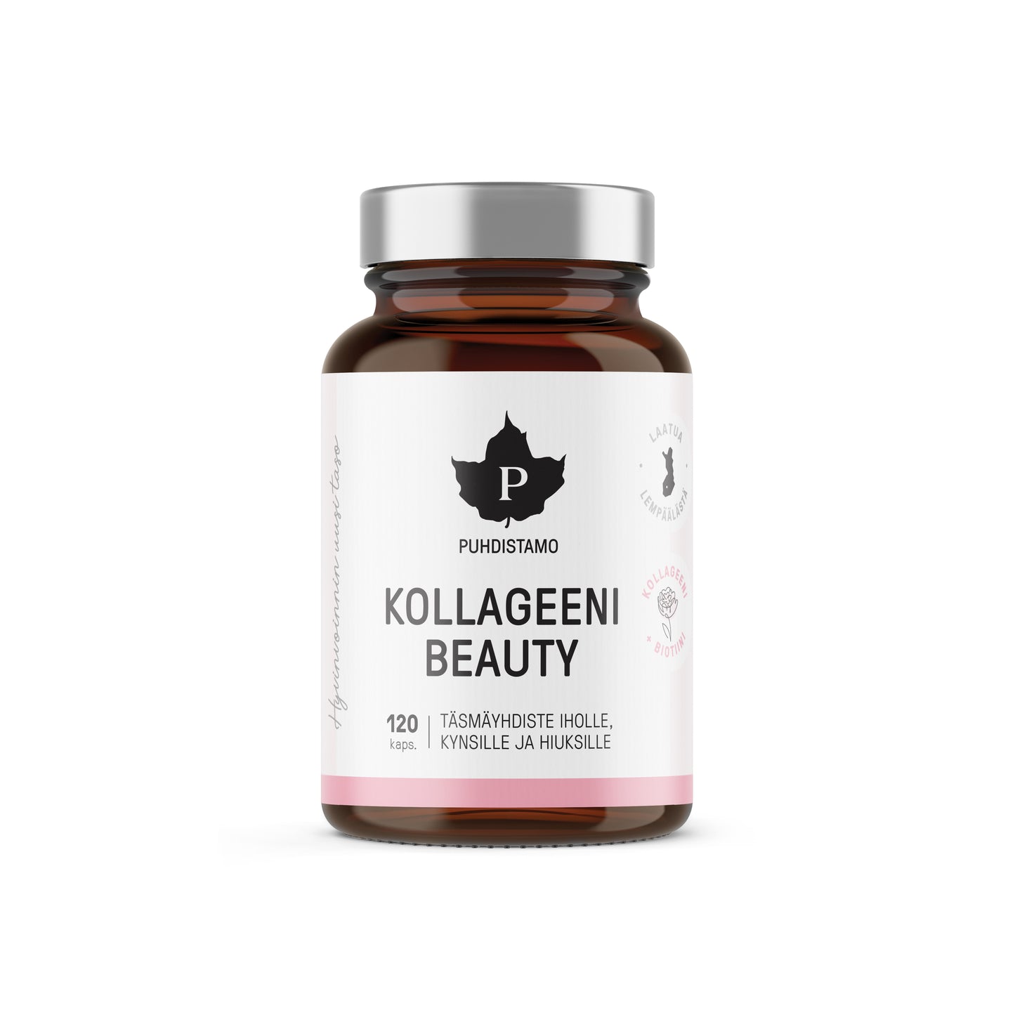 Un pot en verre brun avec un couvercle argenté portant l'étiquette « Puhdistamo Beauty Collagen by Puhdistamo », contenant 120 gélules avec des peptides de collagène Verisol et de la biotine, posé sur un fond blanc avec une étiquette blanche et rose comportant du texte et des logos.