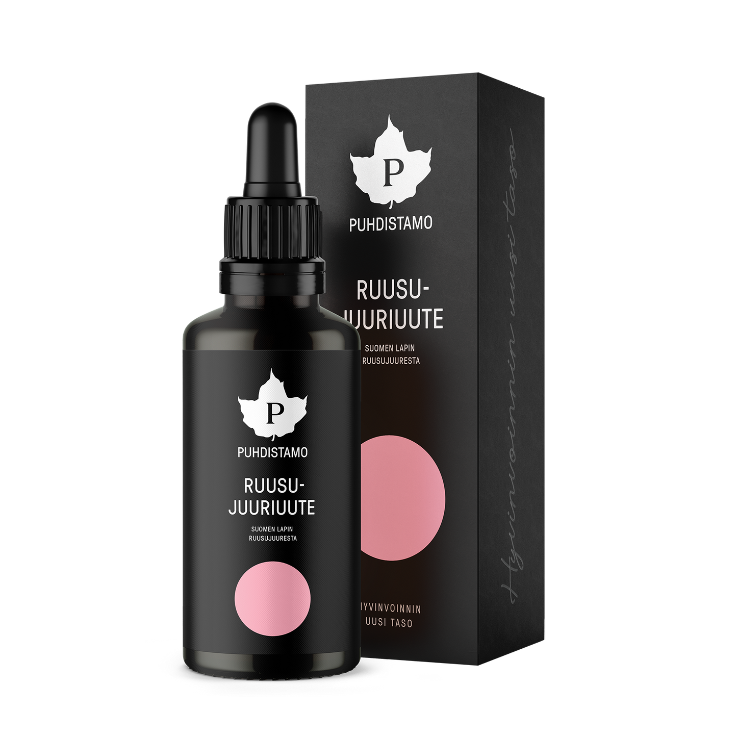 Un flacon compte-gouttes noir et une boîte portant la mention « Puhdistamo Premium Research Roseroot Extract », avec un texte blanc, des accents roses et un logo en forme de feuille, mettent en valeur ce complément alimentaire finlandais haut de gamme de Puhdistamo sur un fond clair.