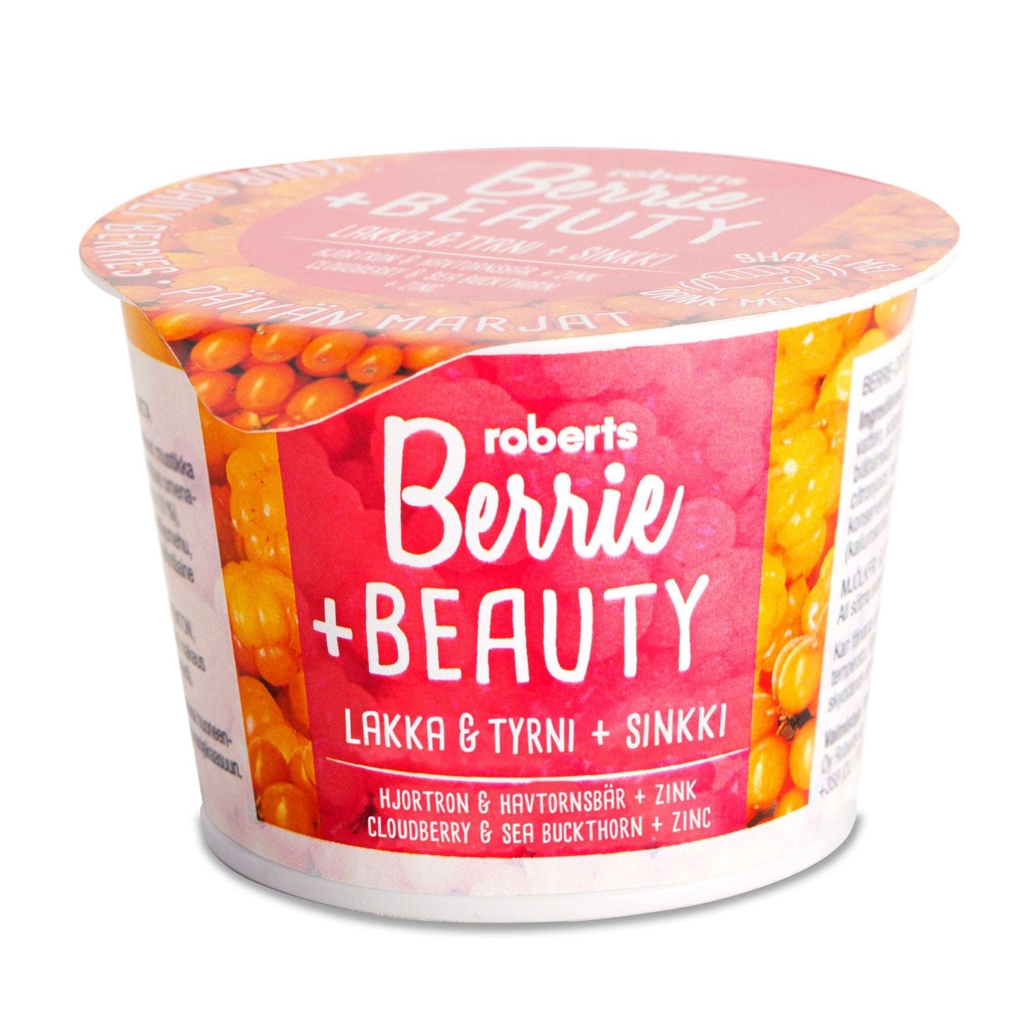 Roberts Berrie Beauty Cloudberry & Sea Buckthorn est un yaourt à boire rose et orange à base de baies sauvages nordiques et enrichi en zinc, avec des images de baies orange sur l'étiquette.