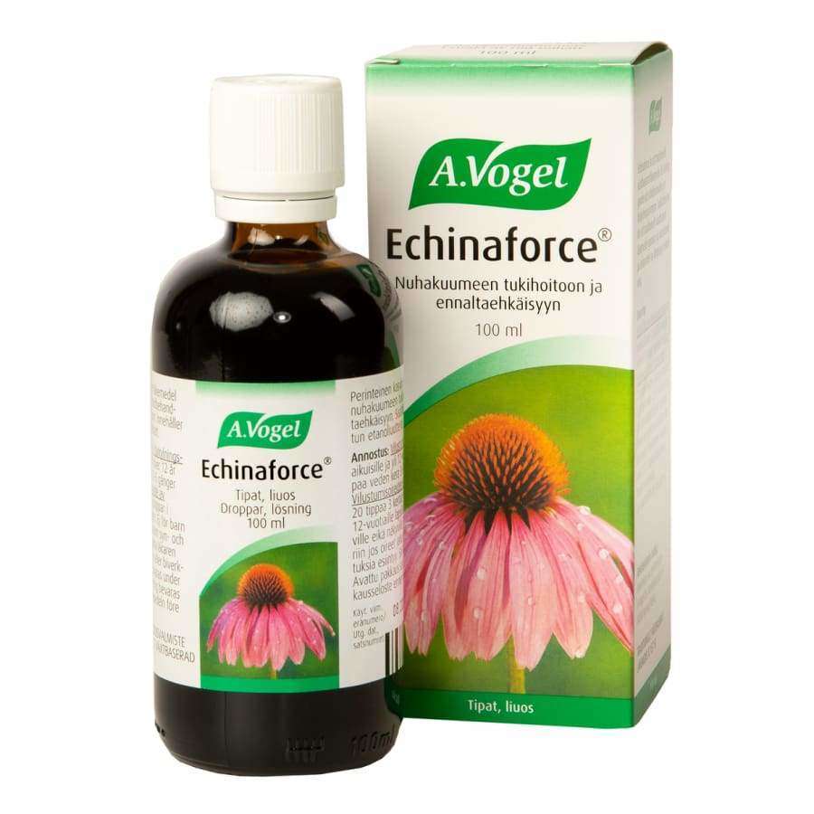 Une bouteille en verre brun contenant des gouttes A.Vogel Echinaforce avec un bouchon blanc se trouve à côté de sa boîte. Les deux sont ornés d'une fleur d'échinacée rose et du logo vert A.Vogel, mettant en valeur ce remède traditionnel à base de plantes pour prévenir le rhume.