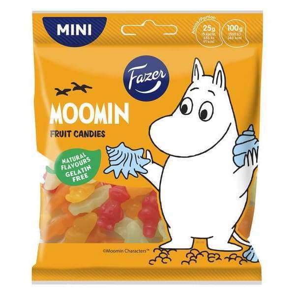 Les bonbons aux fruits Moomin de Fazer sont présentés dans un emballage jaune avec Moominmamma sur le devant. Ils sont sans gélatine et ont la forme de fruits.