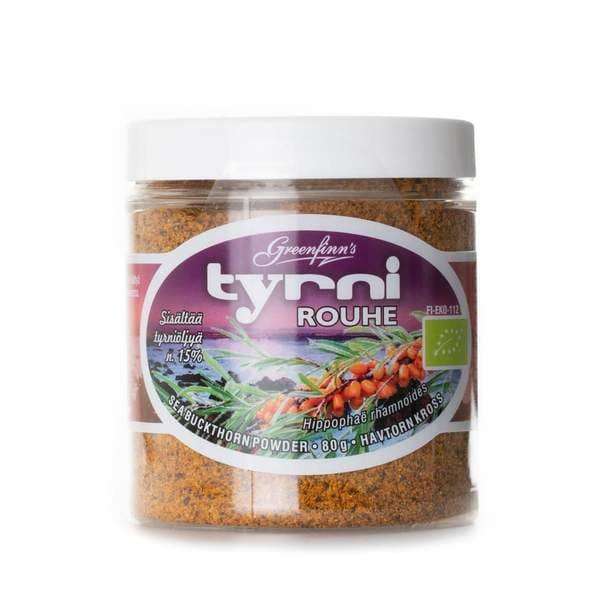 La poudre d'argousier Greenfinn's est conditionnée dans un pot transparent avec un couvercle blanc et une étiquette colorée. Profitez de l'argousier finlandais toute l'année grâce à ce produit biologique de Greenfinn's.