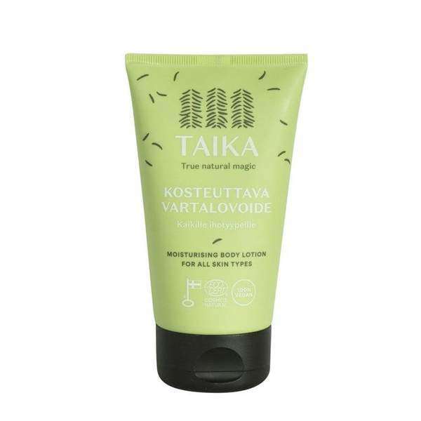 Un tube vert de lotion pour le corps Taika, adapté à tous les types de peau, avec un texte en finnois et en anglais sur le devant, se tient debout sur un fond blanc.