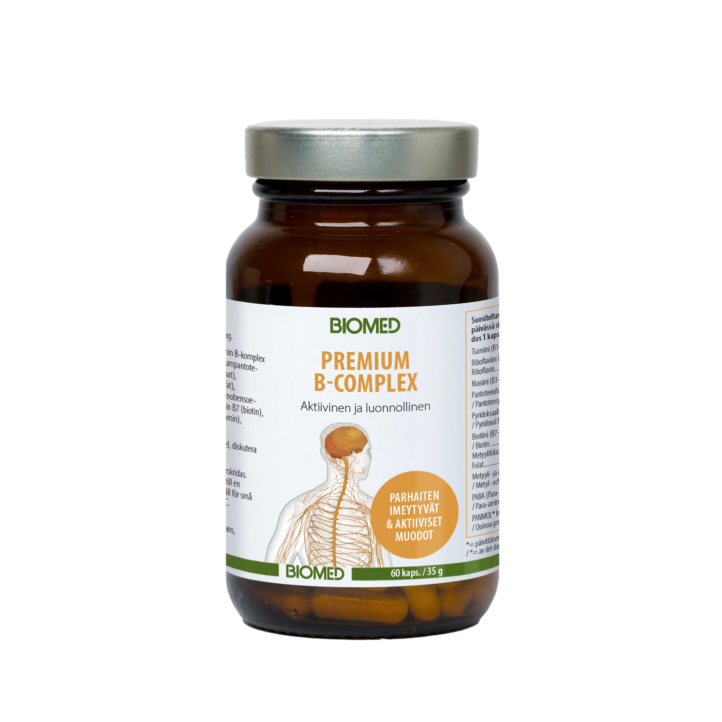 Una bottiglia di vetro marrone con l'etichetta Biomed Premium B-complex di Biomed presenta un testo in finlandese, l'illustrazione di una colonna vertebrale umana e un tappo argentato. Contiene 60 capsule vegane con vitamine del gruppo B a spettro completo in una formula a base di complesso B.