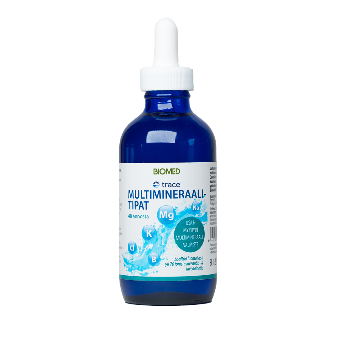 Una bottiglia blu di Biomed Trace Multimineral Drops con tappo contagocce bianco, etichettata in finlandese e decorata con icone di minerali ionici (magnesio, potassio, sodio) e un disegno di spruzzi d'acqua, mette in risalto questo potente concentrato multimineralico.
