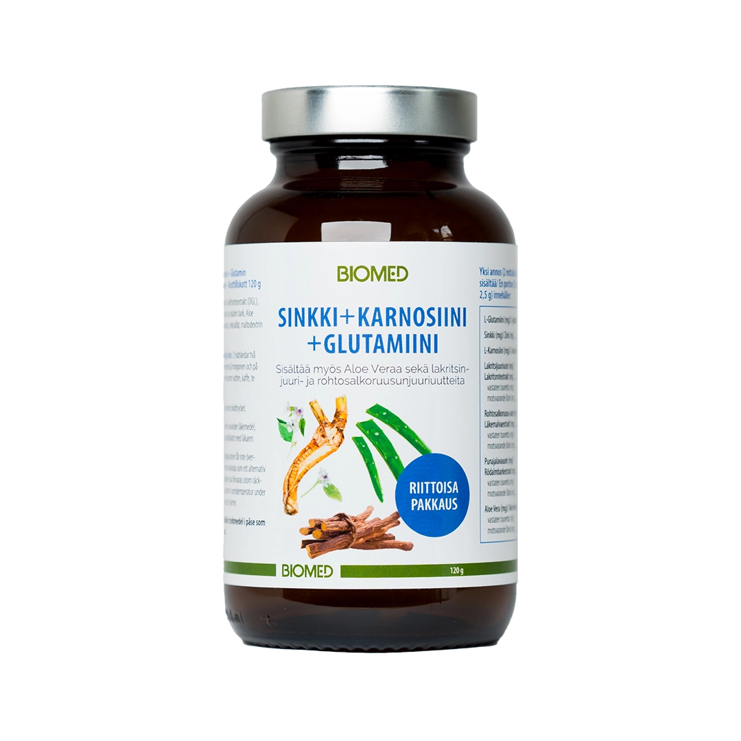 Un flacone di integratori in vetro marrone con tappo nero etichettato "Biomed Zinc + Carnosine + Glutamine Drink Powder". L'etichetta finlandese raffigura radici e foglie, sottolineando il supporto al tratto digestivo e la protezione delle mucose.