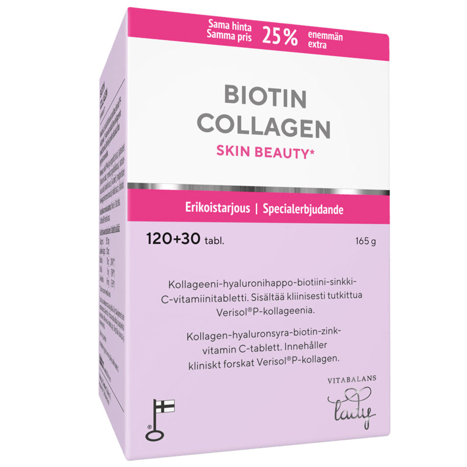 Una confezione rosa e bianca Vitabalans Collagen Skin Beauty con 150 compresse contiene peptidi di collagene Verisol per la compattezza della pelle, un'offerta extra del 25% e il testo sulla confezione in finlandese e svedese.