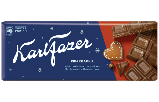 La confezione della barretta di cioccolato Fazer Winter Edition Gingerbread raffigura un biscotto di pan di zenzero a forma di cuore, pezzetti di cioccolato spezzettato, fiocchi di neve e grafiche festive, rendendola un perfetto dolcetto stagionale di Fazer.