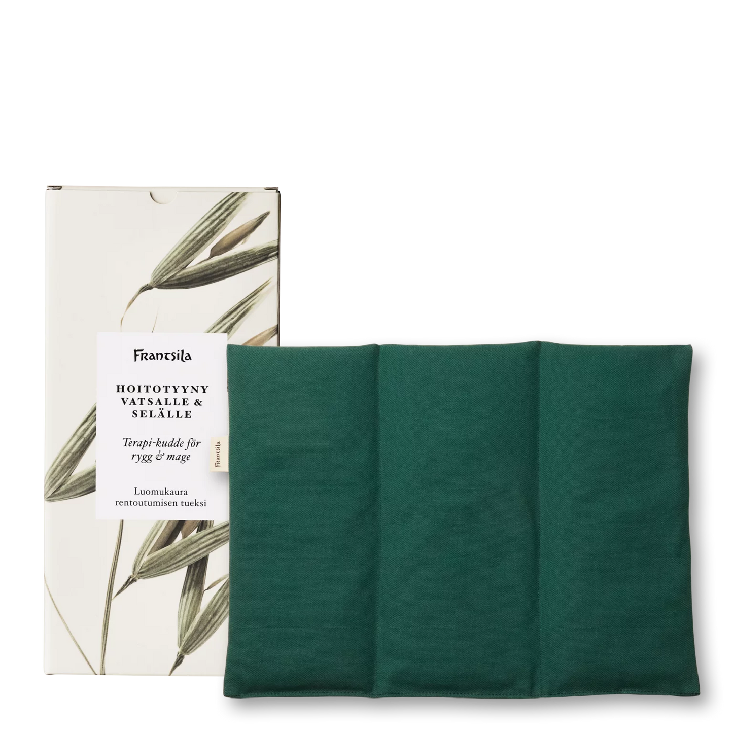 Un cuscino rettangolare verde Frantsila Care Pillow for Back and Stomach di Frantsila, imbottito con avena biologica, è raffigurato accanto a una scatola decorativa con illustrazioni botaniche e un testo bilingue che descrive i benefici della terapia del calore.