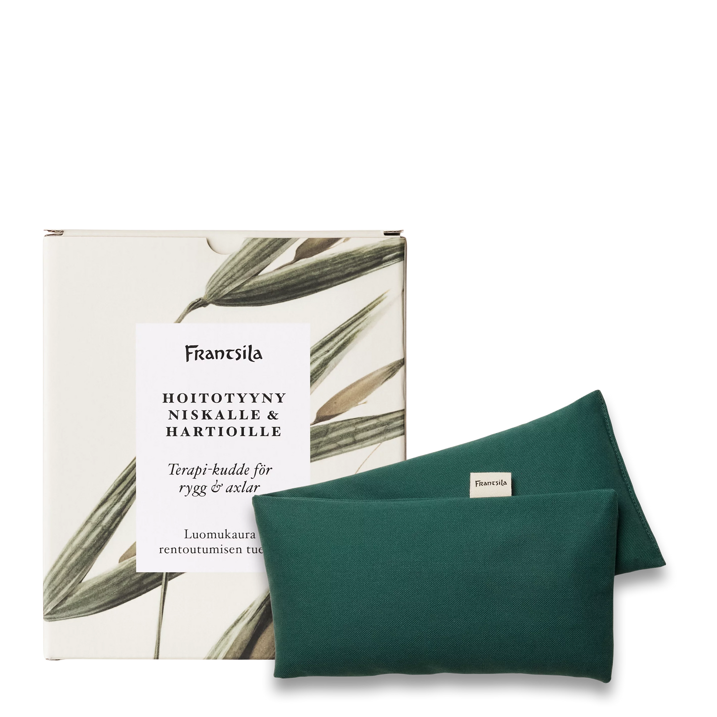 Il cuscino Frantsila Care Pillow per collo e spalle, un cuscino biologico in avena di colore verde, è esposto accanto alla sua confezione con illustrazioni botaniche e testi in finlandese e svedese sul suo utilizzo terapeutico per collo e spalle.