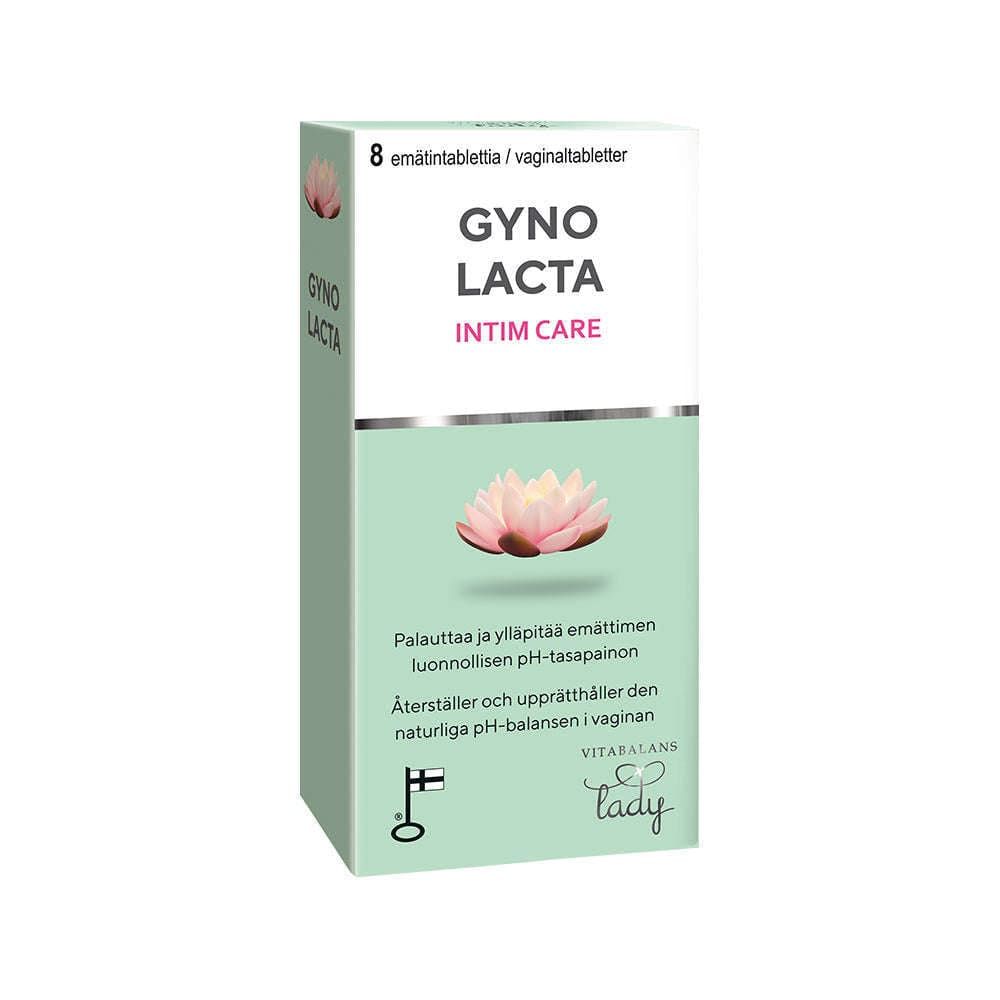 Una confezione di compresse vaginali Gynolacta della Vitabalans. La confezione bianca e verde menta riporta l'immagine di un fiore di loto rosa e un testo in finlandese/svedese sul ripristino dell'acidità vaginale con batteri lattici.