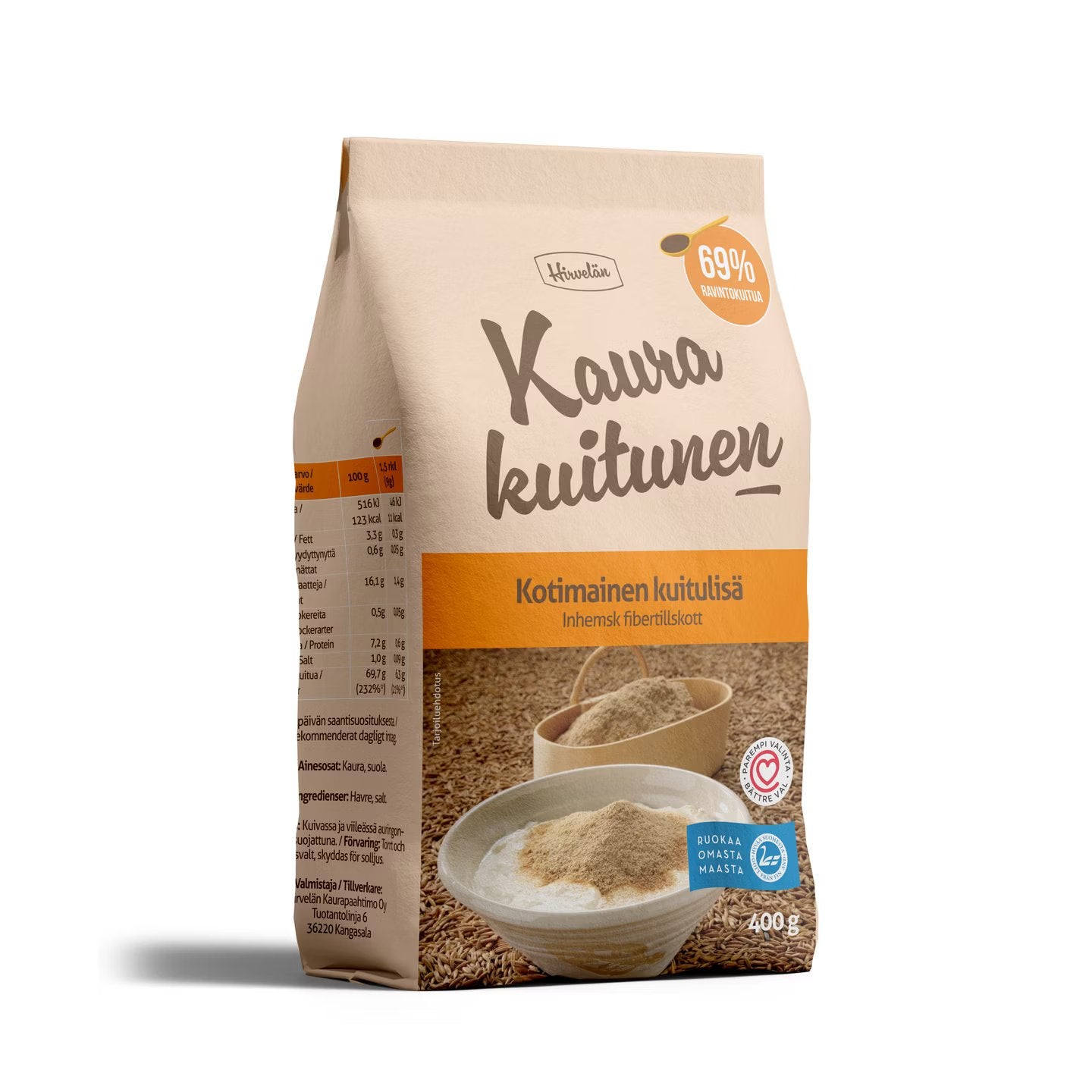Una confezione di Hirvelän Oat Fiber, un integratore finlandese senza glutine da 400 g con il 69% di fibre, presenta un'immagine di fibre d'avena sulla parte anteriore e un testo prevalentemente in finlandese. Marca: Hirvelän.