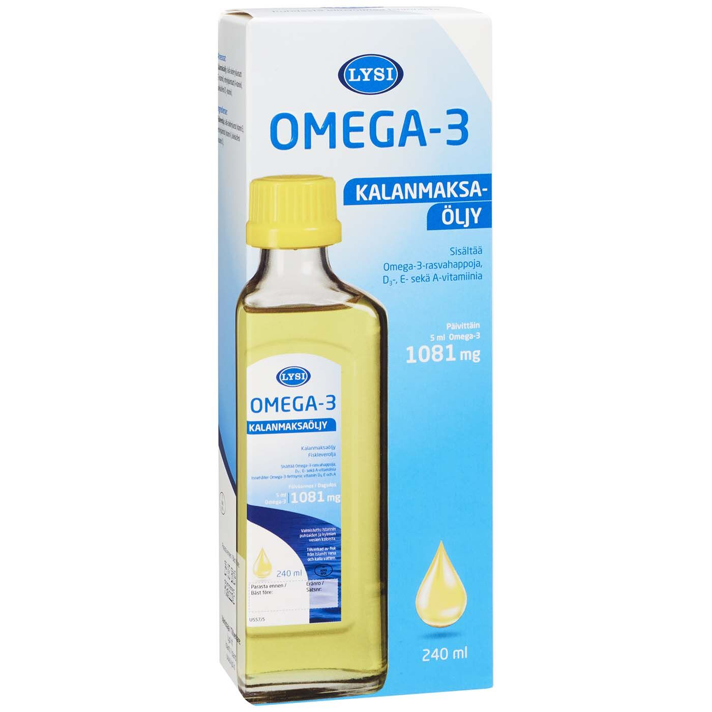 Una bottiglia e una confezione di olio di fegato di merluzzo Lysi proveniente dall'Islanda, con etichetta in finlandese, rivelano al loro interno un liquido giallo. La confezione evidenzia la presenza di acidi grassi omega-3 e riporta il volume di 240 ml. Marca: Lysi.