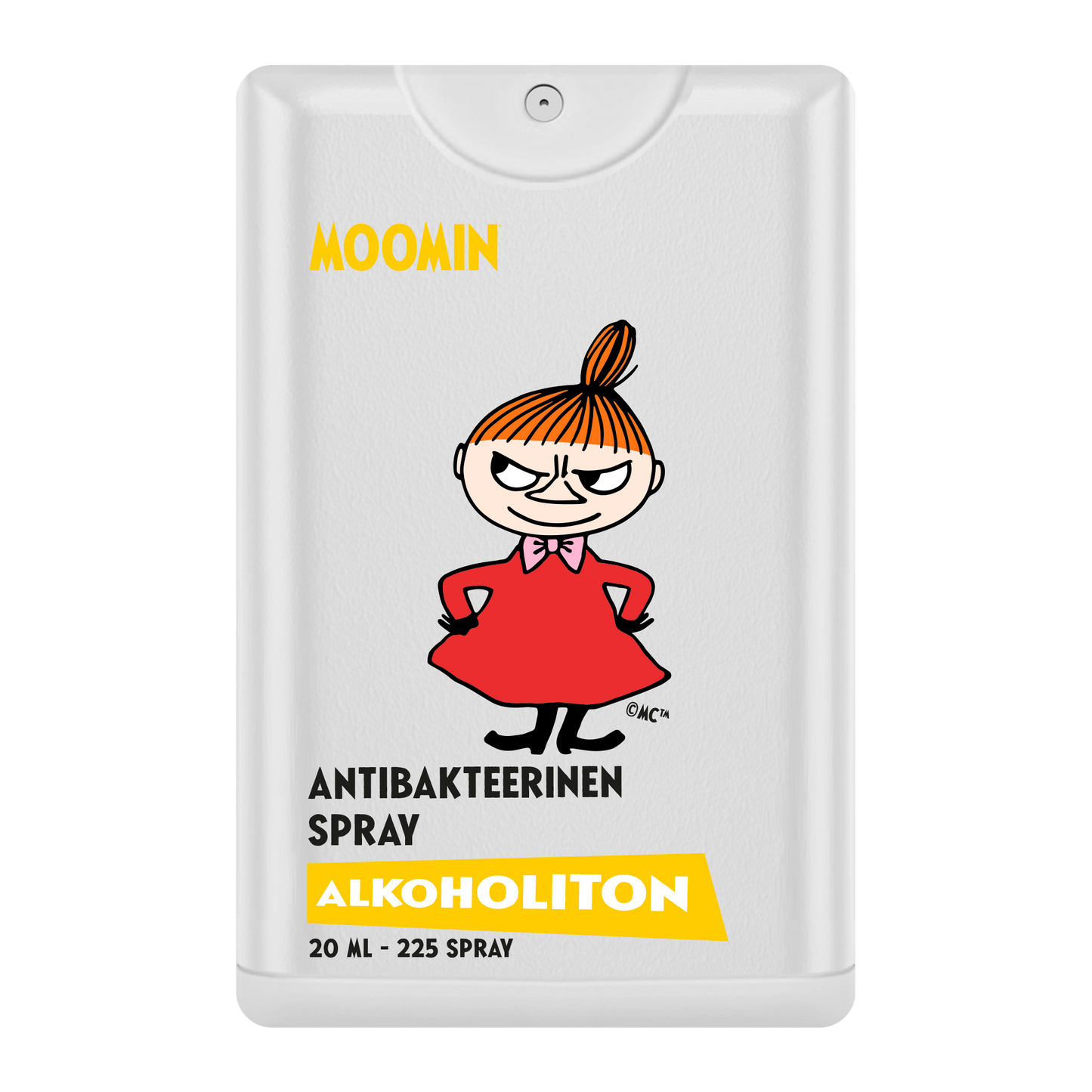 Lo spray antibatterico per le mani senza alcool Moomin è disponibile in un flacone spray bianco da 20 ml con Little My in un vestito rosso. La formula senza alcool è tascabile e offre 225 spruzzi per una comoda igienizzazione delle mani ovunque.