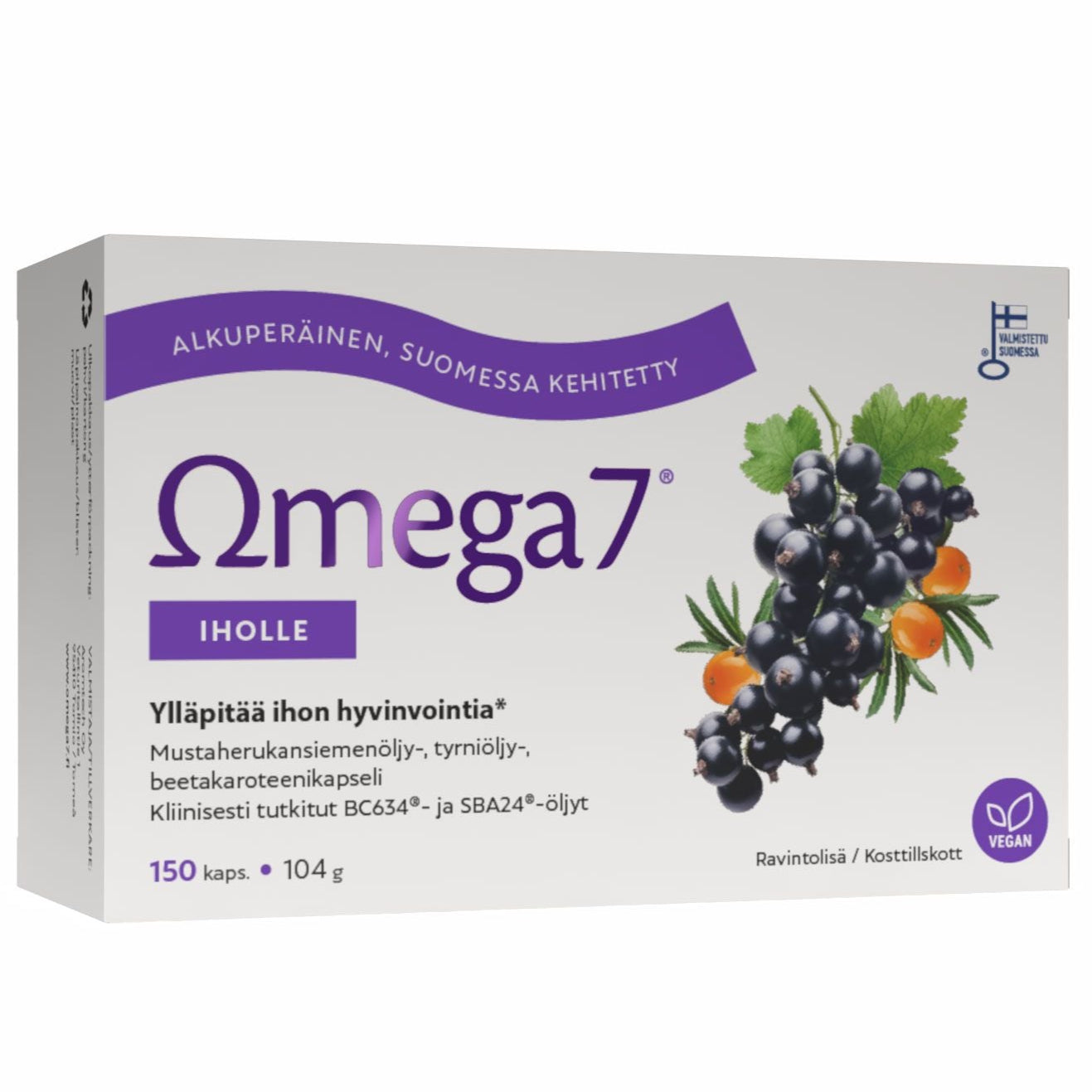 Omega7 Skin di Omega7 è un integratore alimentare a base di olio di olivello spinoso e olio di semi di ribes nero. Il testo in finlandese ne sottolinea i benefici, come l'idratazione interna per la pelle secca. Contiene 150 capsule (104 g).
