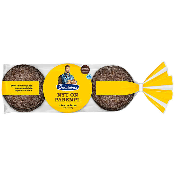 Confezione di pane integrale di segale Fazer Oululainen Reissumies con disegno giallo e bianco, testo in finlandese, foto di un uomo e chiusura a spirale gialla; evidenzia il contenuto di segale integrale.