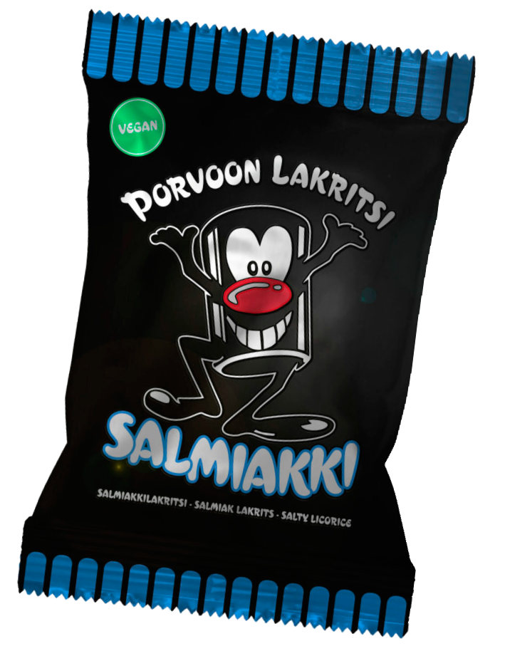 Una bustina nera con strisce blu con la scritta Porvoon Lakritsi Salty Licorice raffigura un personaggio dei cartoni animati con un grande naso rosso, un ampio sorriso e le braccia aperte. Questo dolcetto vegano di Porvoon Lakritsi offre il classico sapore salato della liquirizia.
