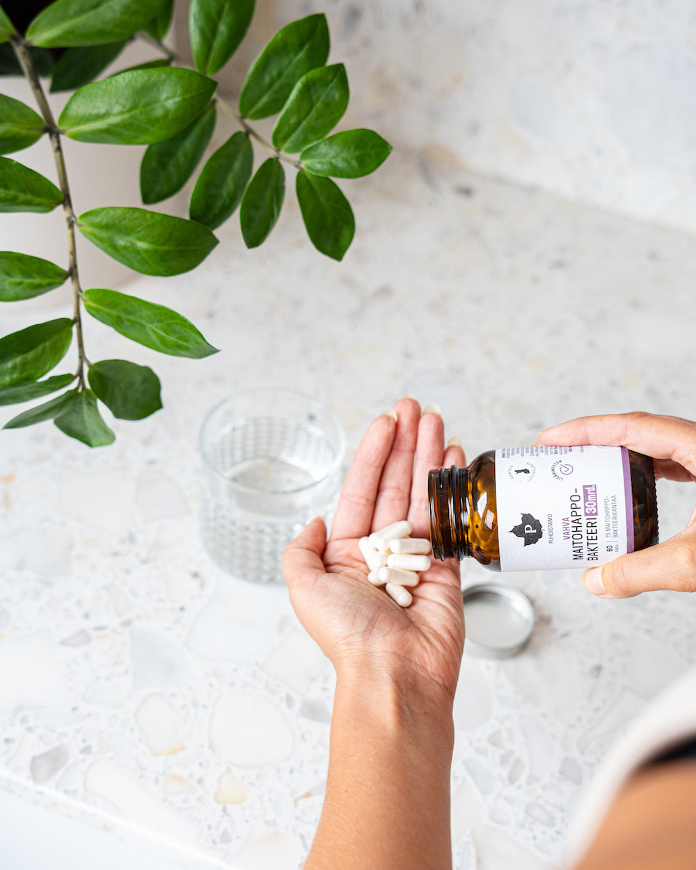 Una mano tiene delle capsule bianche di Puhdistamo Strong Probiotic 30 miliardi di CFU, versate da un flacone Puhdistamo su un ripiano in marmo accanto a un bicchiere d'acqua e una pianta verde a foglia.