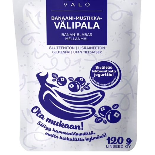 Una confezione da 120 g di snack Valo24h Banana-Bilberry Smoothie, senza glutine e senza additivi (etichette in finlandese/svedese), con confezione raffigurante banana, mirtilli e yogurt: uno snack genuino di Valo24h. Contiene 24 confezioni.