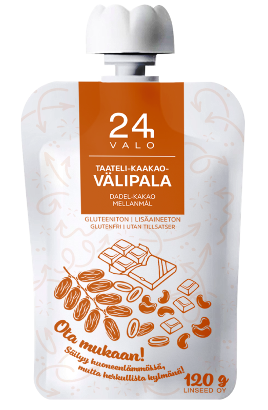 Una bustina bianca e arancione con l'etichetta Valo24h Date-Cocoa Smoothie contiene datteri, fave di cacao e semi. Questo snack senza glutine e senza additivi contiene 120 g di olio di semi di lino: una delizia genuina per gli amanti del cioccolato firmata Valo24h.