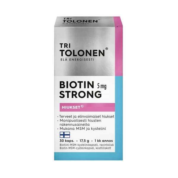 Una confezione dell'integratore alimentare Dr. Tolonen Biotin Strong 5 mg, con testo in finlandese che descrive i benefici per capelli, pelle e unghie. La confezione bianca, rosa e azzurra include il simbolo della bandiera finlandese. Marca: Dr. Tolonen.