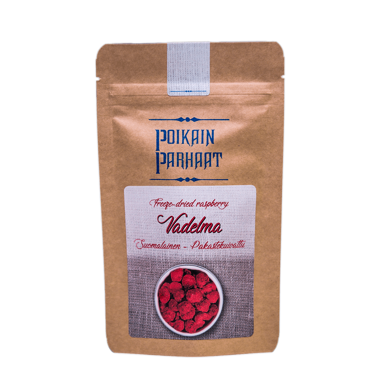 Una busta marrone richiudibile con l'etichetta Poikain Parhaat contiene lamponi liofilizzati finlandesi (Vadelma) e presenta un'immagine di questi frutti superfood sulla parte anteriore.