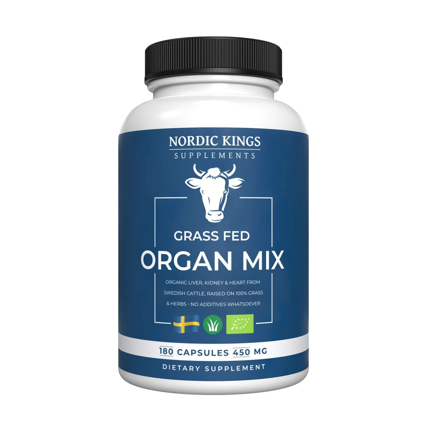 Una bottiglia bianca di Nordic Kings Grass Fed Organ Mix con etichetta blu raffigurante una mucca. Contiene 180 capsule (da 450 mg ciascuna) a base di organi bovini biologici provenienti da bovini svedesi allevati al pascolo.