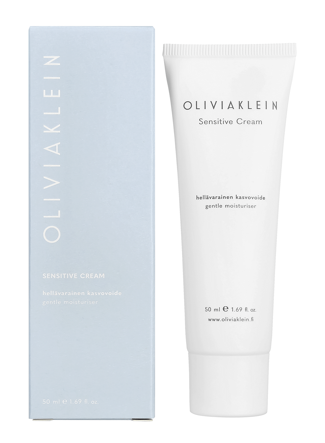 Un tubetto da 50 ml (1,69 fl oz) di Olivia Klein Sensitive Cream è accanto alla sua confezione azzurra, entrambi con le informazioni sul prodotto in bianco e oro. Questa crema idratante per il viso è ideale per la pelle sensibile di Olivia Klein.