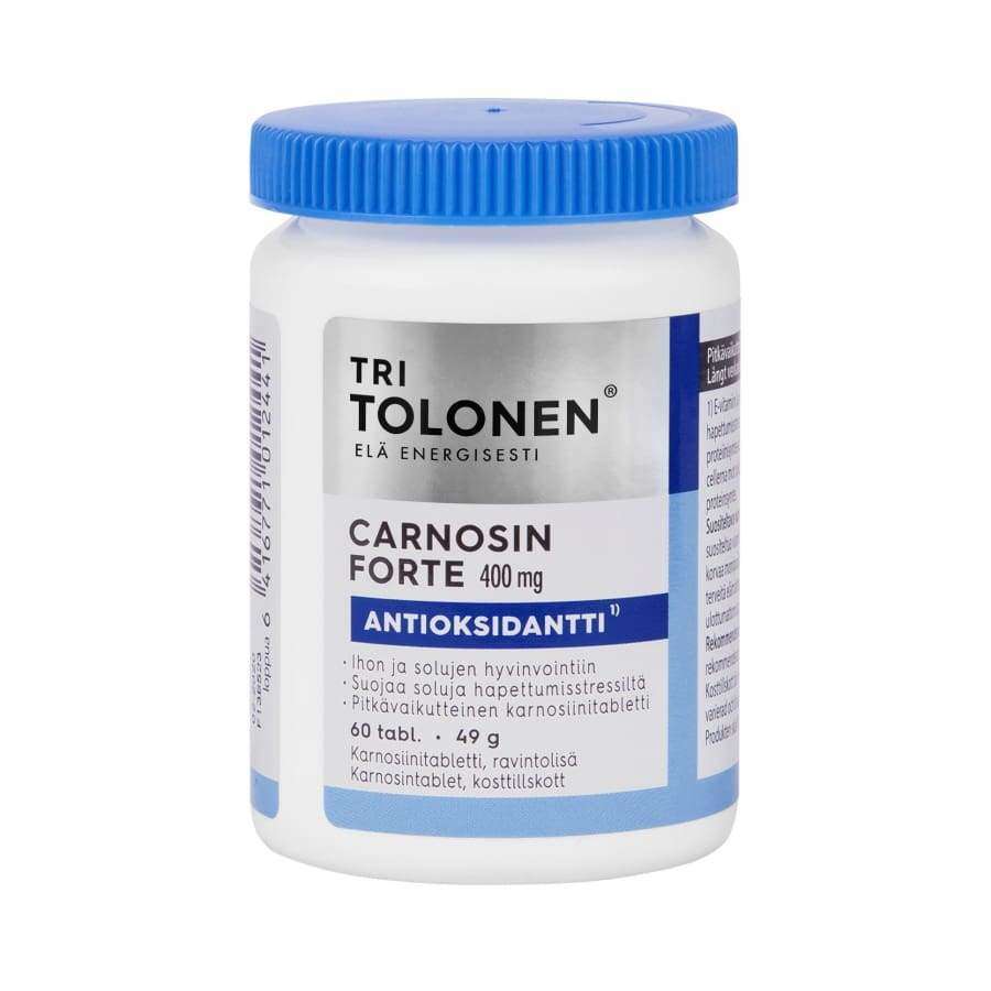 Flacone di plastica bianco con tappo a vite blu con l'etichetta Dr. Tolonen Carnosin Forte 400 mg in finlandese. Questo integratore alimentare antiossidante del Dr. Tolonen contiene 60 compresse di carnosina che aiutano a combattere lo stress ossidativo e favoriscono il benessere.