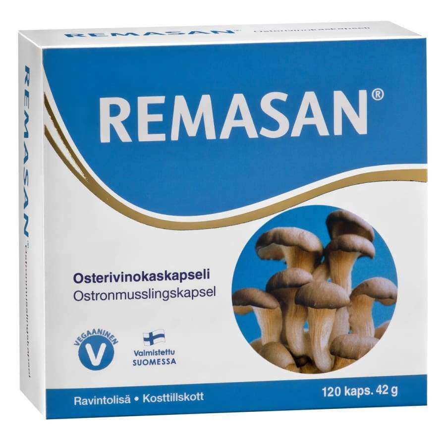 Una confezione di integratore Hankintatukku Remasan Oyster Mushroom con una foto di funghi ostrica. L'etichetta in finlandese/svedese riporta i benefici per il metabolismo dei grassi, un simbolo vegetariano e indica che contiene 120 capsule di Pleurotus ostreatus (42 g).