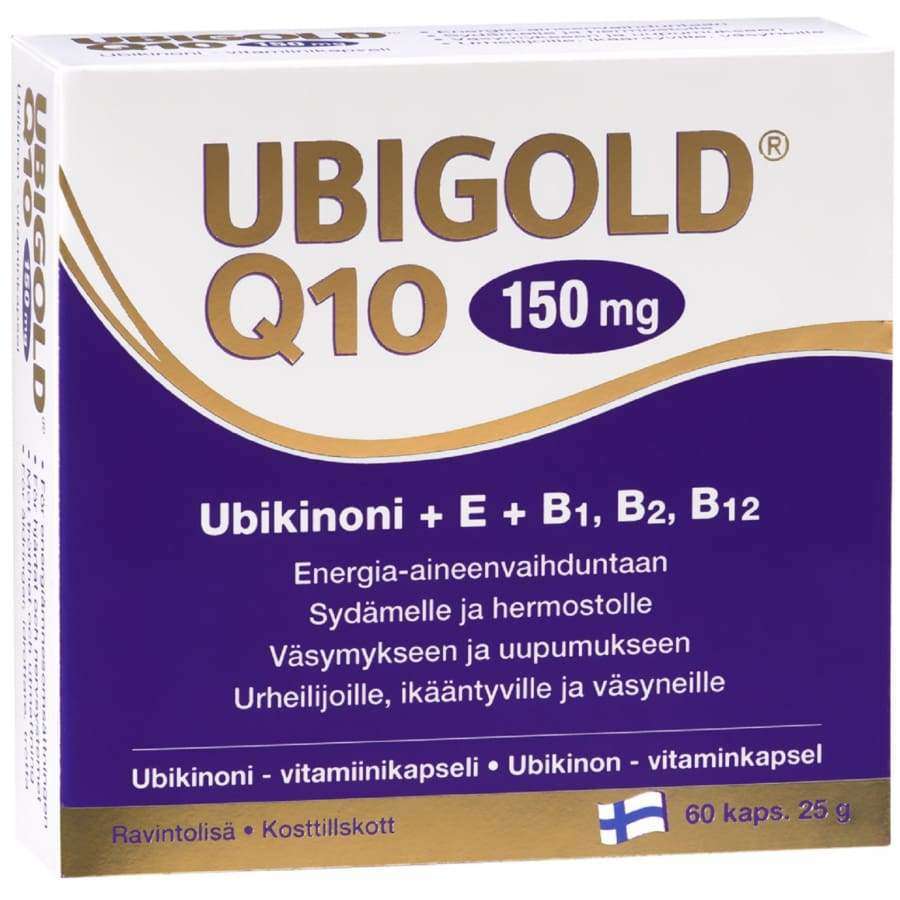 Vista frontale della confezione di Hankintatukku Ubigold Q10 150 mg, che riporta il coenzima Q10 e le vitamine E, B1, B2, B12. Testo in finlandese con bandiera. Contiene 60 capsule per il metabolismo energetico e il supporto.