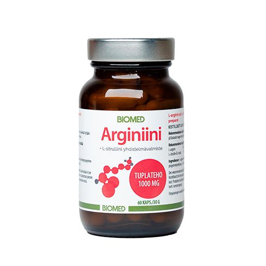 Een bruine glazen fles met het label Biomed Arginine van Biomed en een zilveren dop bevat 60 capsules met 1000 mg L-arginine supplement. Op het witte label staan rode moleculaire afbeeldingen.