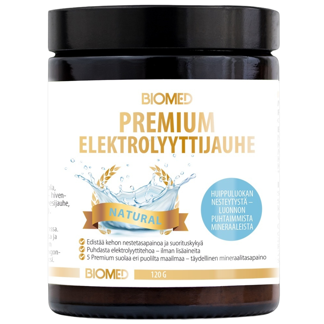 Een pot van 120 g Biomed Premium Electrolyte Powder Natural van Biomed, met een wit etiket, gouden en blauwe accenten, afbeeldingen van waterspatten en Finse tekst. Deze suikervrije formule ondersteunt de hydratatie.