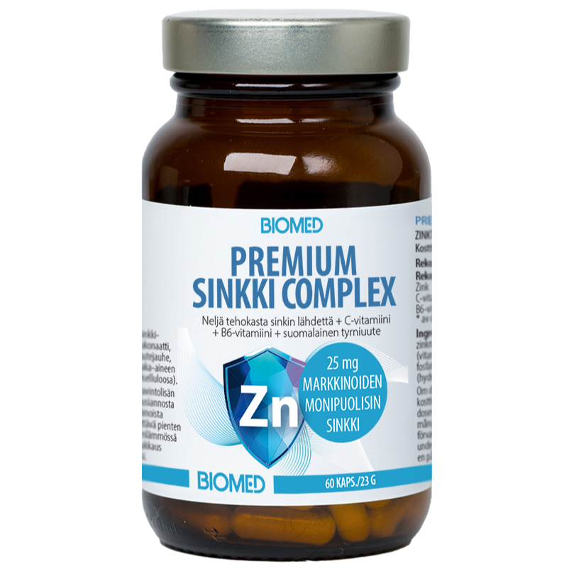 Een bruine Biomed Premium Zinc Complex-fles heeft een blauw ontwerp en vermeldt 25 mg zink per capsule. Dit Biomed-supplement bevat 60 capsules met Finse tekst en ondersteunt de immuniteit en hormonale balans.