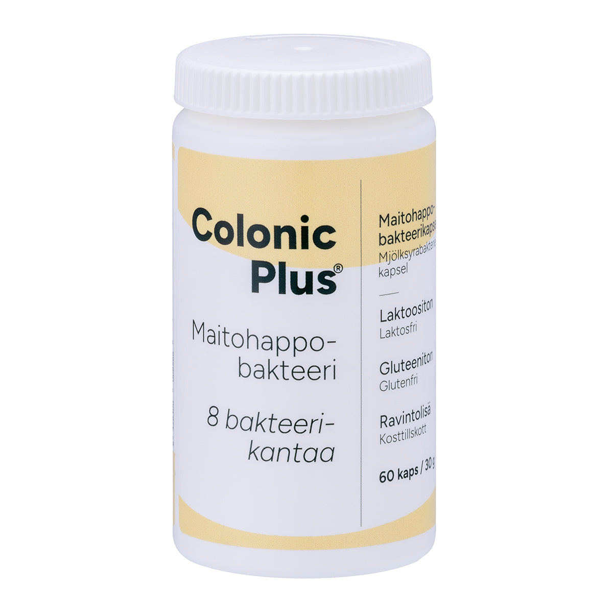 Een witte plastic fles met het voedingssupplement Hankintatukku Colonic Plus Lactic Acid Bacteria met een geel en wit etiket, 60 capsules en Finse tekst op de verpakking.